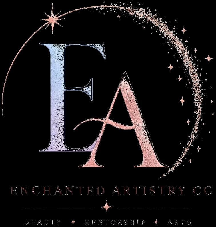 Enchanted Artistry full-information logo: EA monogram, the name and the Beauty, Mentorship, Arts tagline